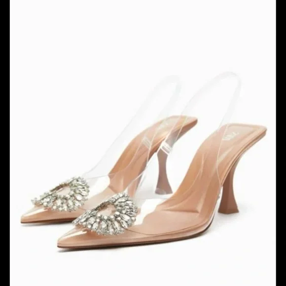 Zara Tan Slingback Heels with Crystal Embellishment size 40 - Picture 1 of 7